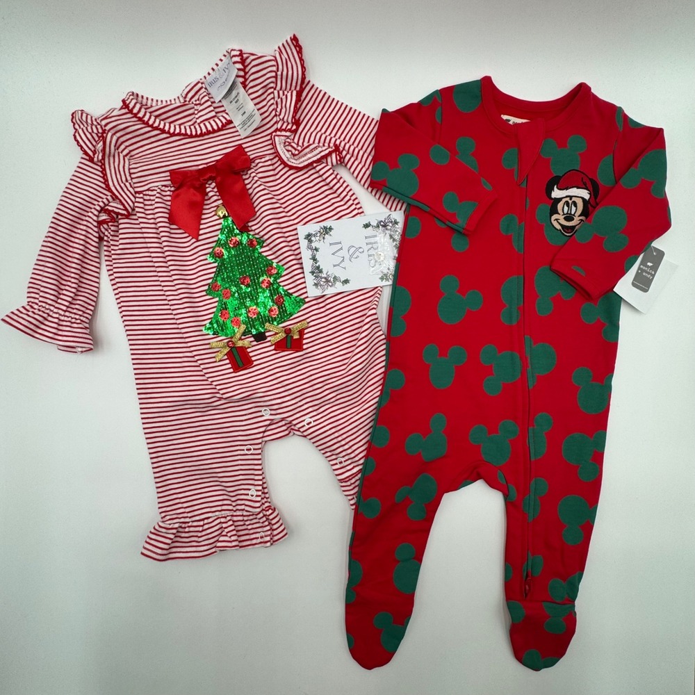NEW Iris Ivy Romper & Monica‎ Andy Footie Baby 3-6M Christmas 2 Pc Bundle Mickey